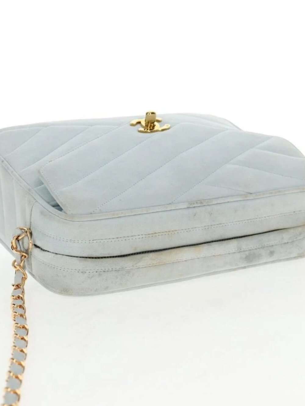 CHANEL Bias Stitch Chain Shoulder Bag Suede Light Blue Gold CC Auth 139935V - Picture 8 of 15